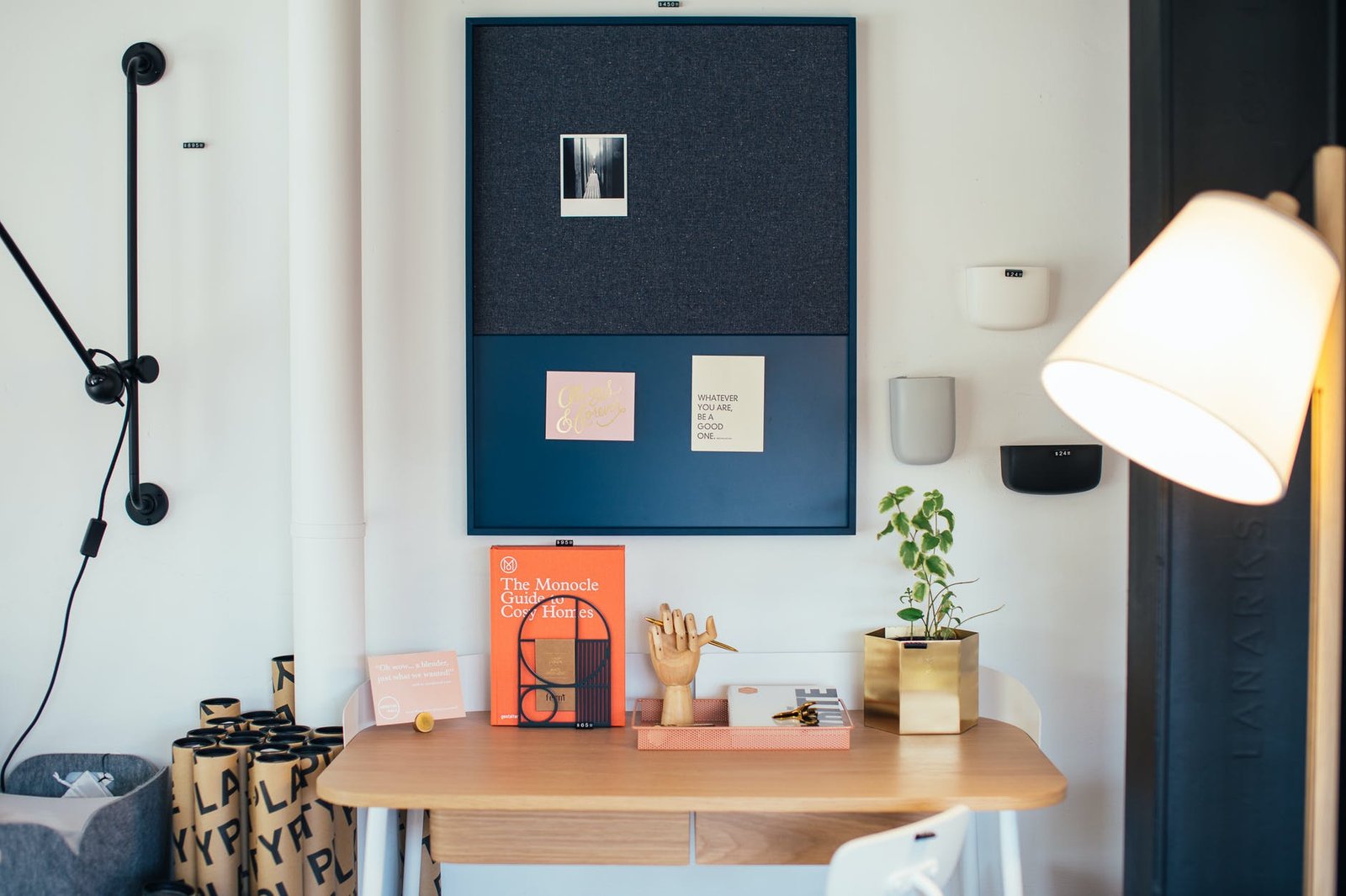 creative workplace with books and decorative elements at home